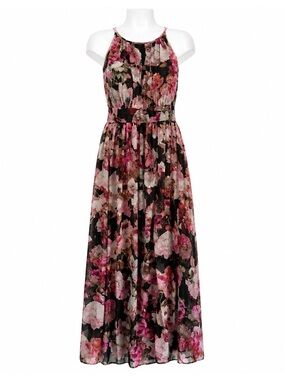 Size 16 Laura Plus Women’s Floral Maxi Dress Pink Black Accent Front Slit